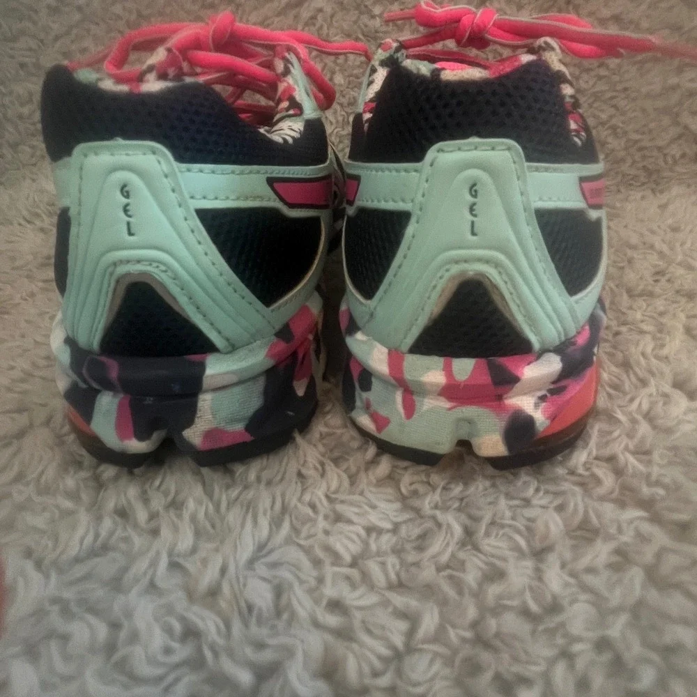 ASICS Gel-Frantic 7 Womens Running Shoes Size 6 Teal Pink‎ Mesh Camo T3A6Q